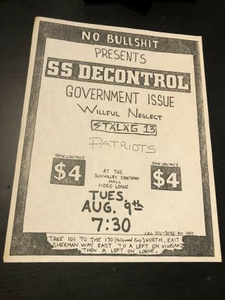 Ss Decontrol/govt Issue/stalag 13/patriots 80s Socal Hc Punk Flyer Kbd Vtg