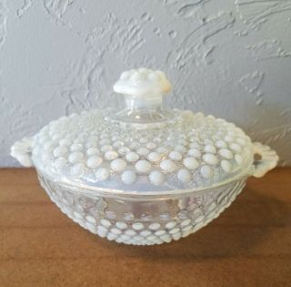 Hobnail French Opalescent Glass Handled Candy Dish With Lid
