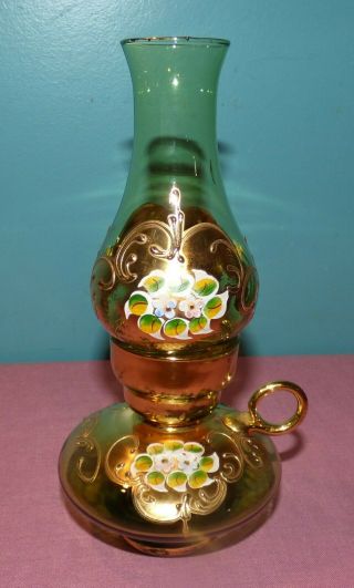 Bohemian Czech Green Glass Finger Lamp With Painted Gold & Enamel Flowers
