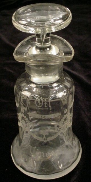 Vintage Etched Glass Oil Vinegar Cruet Bottle With Glass Stopper