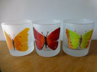 3 X Vintage Dartington Design Frosted Glasses With Butterfly Motive