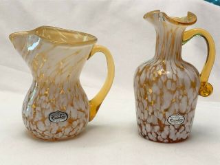 Pair Vintage Rainbow Glass Co Art Glass Mini Pitcher Amber White Splatter Handle