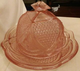 Glass Butter Dish Pink Round With Lid,  Depression Glass -