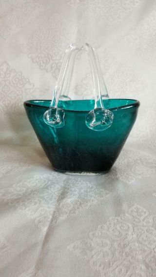 Pretty Teal Blue Blown Art Glass Handbag Basket Applied Handles