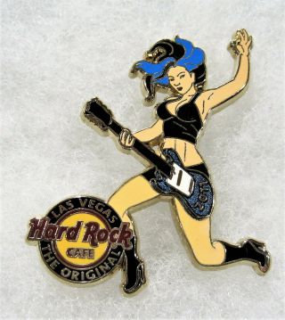 Hard Rock Cafe Las Vegas Sexy Girl Blue & Black Hair Playing Guitar Pin 63588