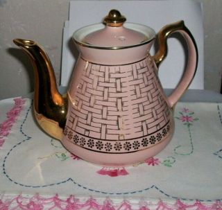 Vintage Hall Pink Gold Trim 6 Cup Teapot Basket Weave Eva Zeisel U.  S.  A.