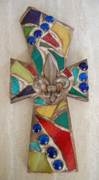 Vintage Folk Art Mcm Stained Glass Mosaic Cross Wall Hanging