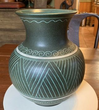Large Vintage Green/white Arnold Zahner Rheinfelden Swiss Pottery Vase,  10.  5 "