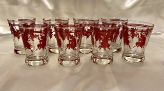 Juice Glasses,  Set Of 8 Vintage Clear Glass / Red Three Little Pig,  Euc