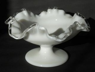 Fenton White Milk Glass Pedestal Bowl With Clear Glass Ruffled Edge 4 " H X 7 " W