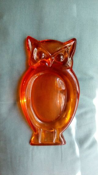 Vintage Mid - Century Amber Glass Owl Ashtray/candy Dish