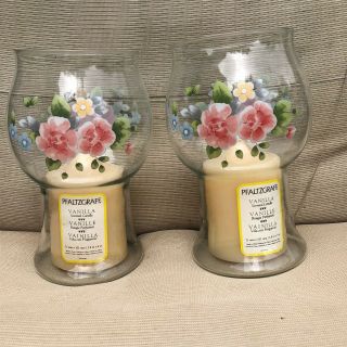 Pfaltzgraff Tea Rose Glass Pillar Candle Holder With Candle Set Of 2