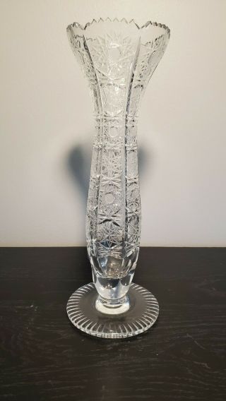 Antique Czech Bohemian Cut Crystal Glass Vase Queen Lace Pattern 11 In.  Tall