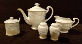 Vintage Valmont China Royal Wheat Teapot Creamer Jam Jelly Jar Salt & Pepper Set