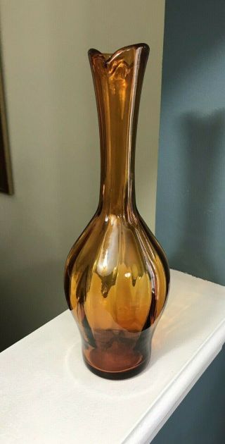 Blenko Mid Century Modern 1964 Joel Myers Optic Ribbed Amber Vase 64d 10 3/4 "