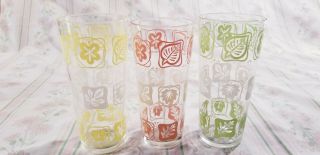 3 Vintage Pink Yellow Green Flower Leaf Design Drinking Glasses Tumblers