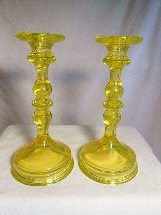 2 Antique Vaseline Canary Topaz Glass Spindle Candlesticks Stunning Color 8 3/4 "
