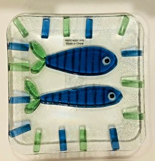 Mud Pie Fused Glass Plate Fish Themed Beach Beachy Green Blue And Clear