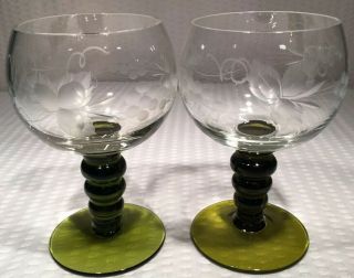 (2) Vintage Luminarc Wine Glasses Roemer France Olive Green Ribbed Stem Etched