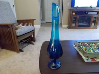 Vintage 17.  5 " Mid Century Modern Art Glass Swung Vase Viking Footed Blue