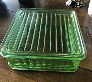 Vintage Vaseline Green Depression Glass Refrigerator Dish Box With Lid