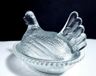 Vintage Indiana Glass Nesting Hen Chicken On Nest Basket Covered Candy/Nut Dish 2