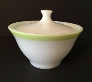 Pyrex Vintage Opal Ware White With Lime Green Trim Sugar Bowl With Lid No Gold