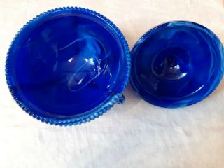 Vintage Blue & White Slag Glass Covered Candy Dish With Sea Shells Westmoreland? 3
