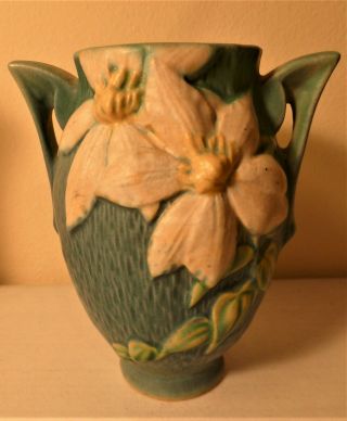 Vintage Roseville Art Pottery Clematis Green / Blue 2 Handle Vase 105 - 7 Usa