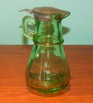 Vintage Hazel Atlas Green Depression Glass Syrup W/ Tin Lid 6 "