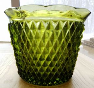 Vintage Indiana Glass Avacado Green Diamond Point Crimped Jardiniere Ice Bucket