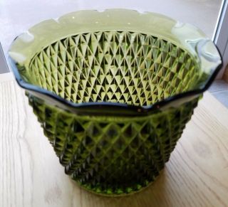 Vintage Indiana Glass Avacado Green Diamond Point Crimped Jardiniere Ice Bucket 4