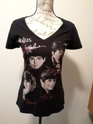Womens Official Beatles T - Shirt Signatures & Portraits Size Xl