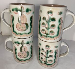 M.  A.  Hadley Grapes Pears Pottery Pink Green 4 Coffee Tea Mug Cups Vintage Tlc