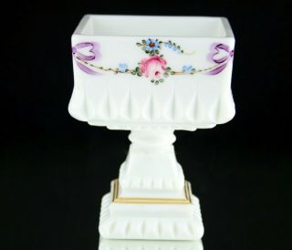 Vintage Westmoreland Pedestal Milk Glass Wedding Box No Lid Painted Roses Bows
