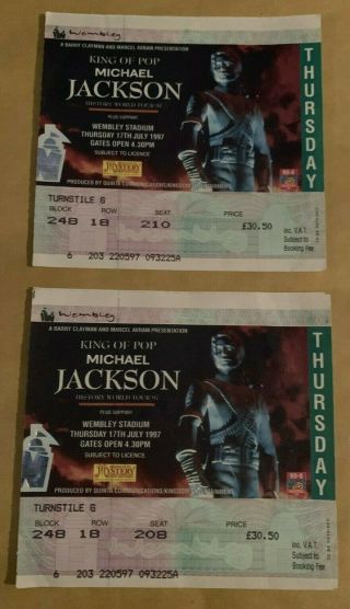 Michael Jackson History World Tour Uk - 2 Tickets Wembley Stadium 1997