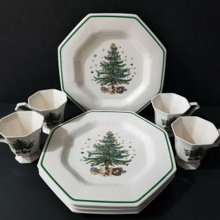 Nikko Christmas Time Set Of 4 Dinner Plates And 4 Cups No Saucers Octagon Shape