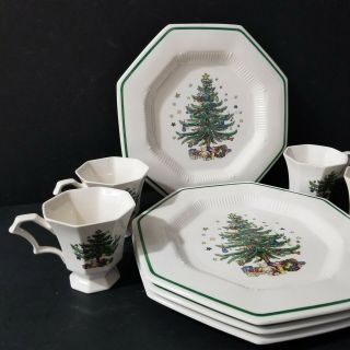 Nikko CHRISTMAS TIME Set of 4 Dinner Plates and 4 Cups NO Saucers Octagon Shape 2