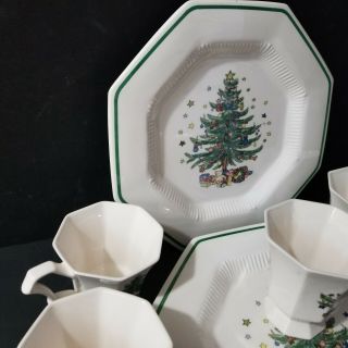 Nikko CHRISTMAS TIME Set of 4 Dinner Plates and 4 Cups NO Saucers Octagon Shape 5