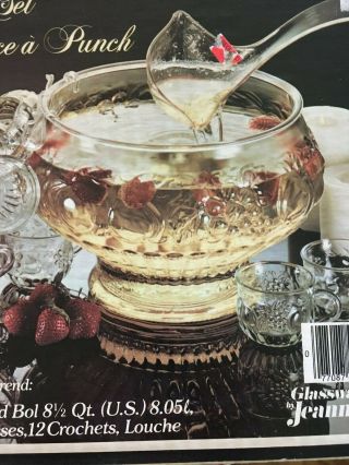 Vintage Jeannette Glass Punch Bowl Set Crystal Fruit Design W 12 Cups & Ladle