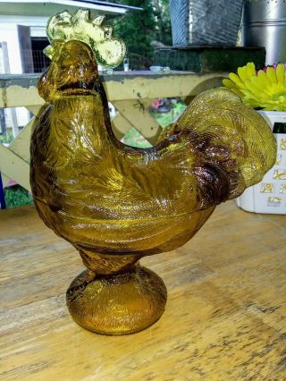 Vintage Amber Glass 2 Piece Rooster Candy Dish