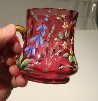 Antique Victorian Hand Painted Ruby Thumprint Glass Cup