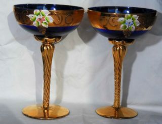 2 Vintage Bohemian Glasses 7 " Flower Hand Decorated Moser? Blue Cobalt Goblets