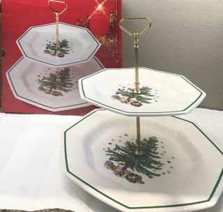 Nikko Christmastime Two - Tier Tray,  Octagon Tidbit,  Porcelain Japan,