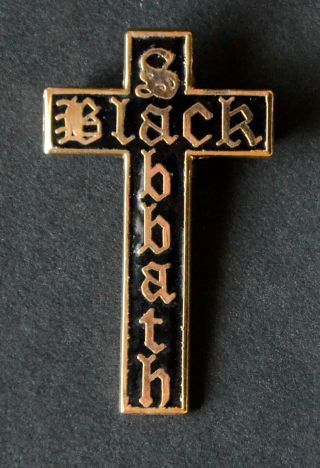 Black Sabbath Cross,  Gold Letters,  Black Enamel Metal 1 3/4 " Pin/badge Vintage