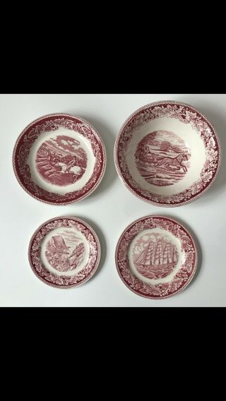 Homer Laughlin Currier & Ives Red Plates And Bowls