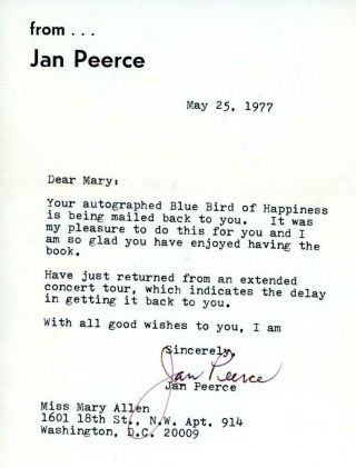 S913.  Jan Peerce,  Opera Tenor,  Autographed Signed Note Dated 5/25/1977.  Jan Peer