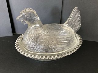 Vintage Chicken Hen Nest Indiana Clear Glass Candy Dish Cover W/ Candlewick Rim