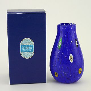 Antica Murrina Murano Millefiori Studio Glass Blue Vase - 15.  25cm/6 " High Bnib