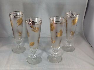 Vintage Mid - Century Modern Libbey Frosted Gold Leaf Set Of 4 Pilsner Glasses